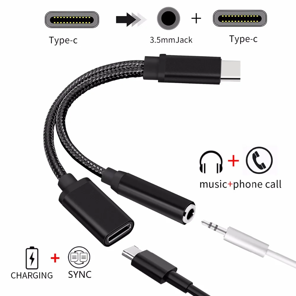 Anskp 2in 1 USB Type C to 3.5mm Nylon Braided Audio Adapter Fast Charge Jack Headphone for Motorola MotoZ Letv | Электроника