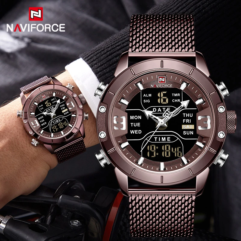 

Часы наручные NAVIFORCE мужские спортивные, роскошные брендовые армейские водонепроницаемые в стиле милитари, с двойным дисплеем, из нержавеющей стали