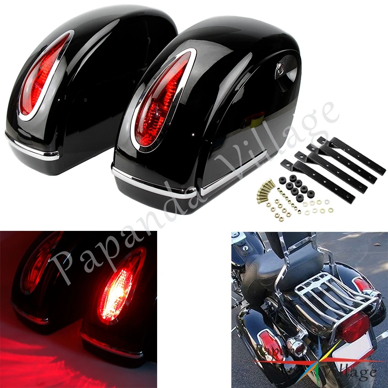 

A Pair Motorcycle Hard Saddlebag Side Luggage Tank Tail Side Case Box w/ Retro Oval Red Tail Light For Harley Roadster Road King