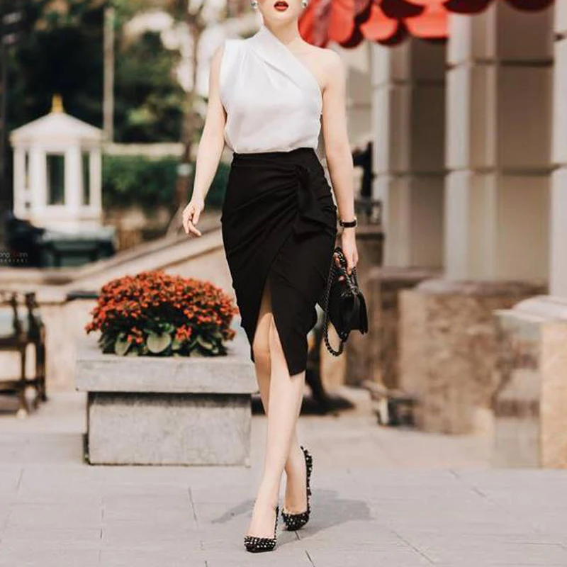 INDRESSME 2019 Новый женский белый черный комплект из двух предметов однотонная