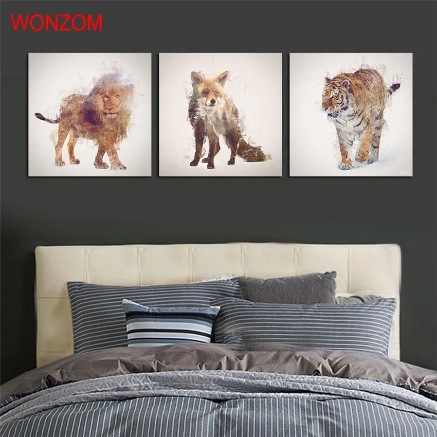 3 шт. в раме с изображением тигра Льва лисы животных холст художественная