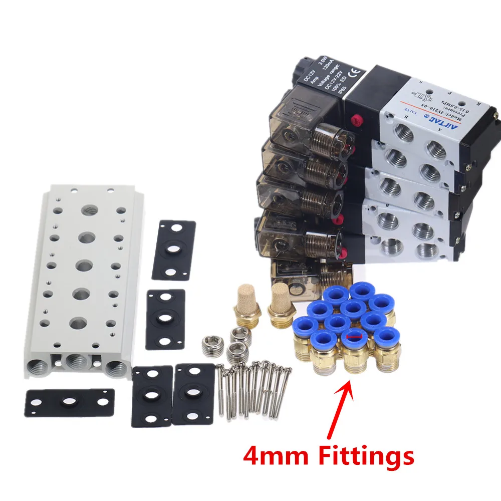 4mm Fittings 1 шт. 5 способ пневматическая комбинация 4V210-08 12 В 24 в 110 В 220 В 2 Позиции с одной головкой Пневматический электромагнитный клапан w база - Цвет: 4mm Fittings