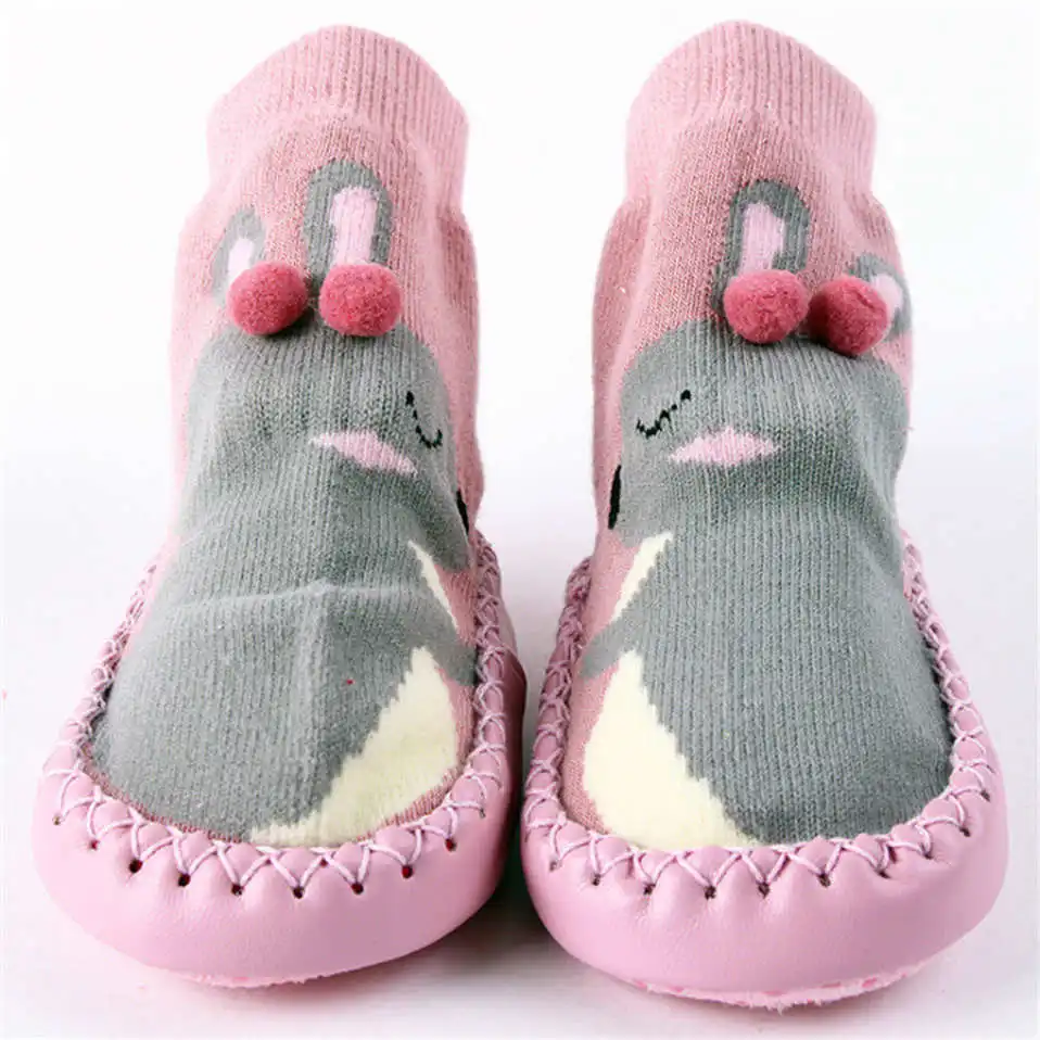 Pink Домашние носки для малышей; носки для новорожденных; зимние толстые махровые хлопковые носки для маленьких девочек с резиновой подошвой; забавные носки с животными для младенцев - Цвет: Pink