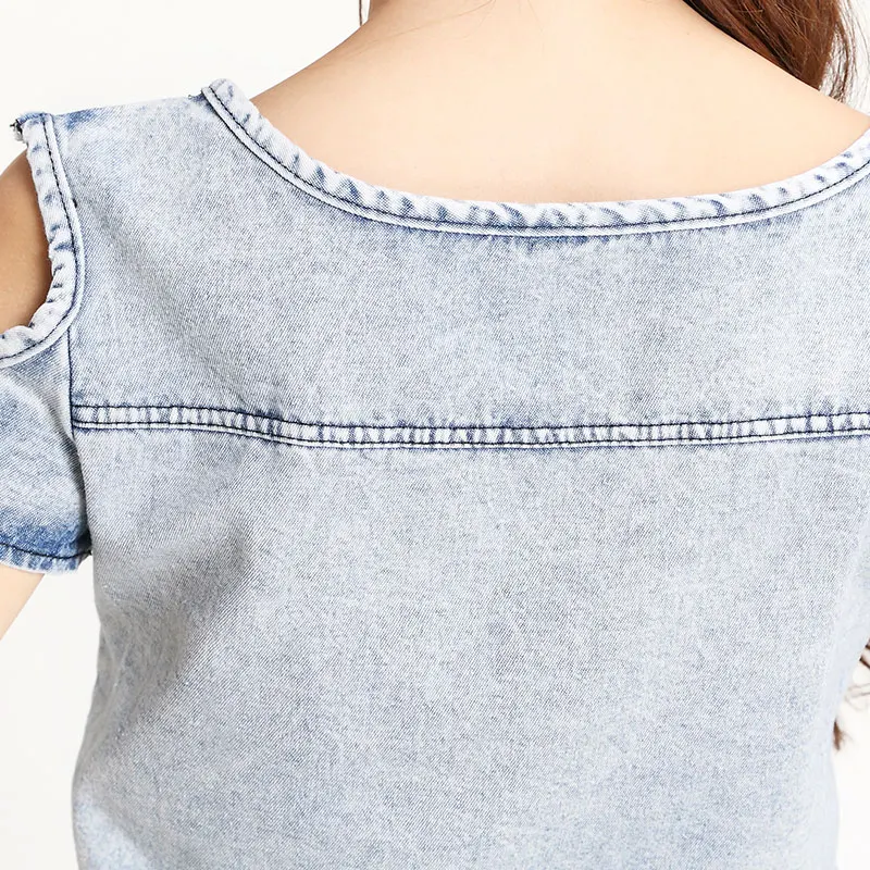 

Off Shoulder Sexy Bodysuit Summer Short Sleeve Denim Overalls Women Rivet Pockets Lace Up Bodycon Rompers Vintage Jeans Jumpsuit