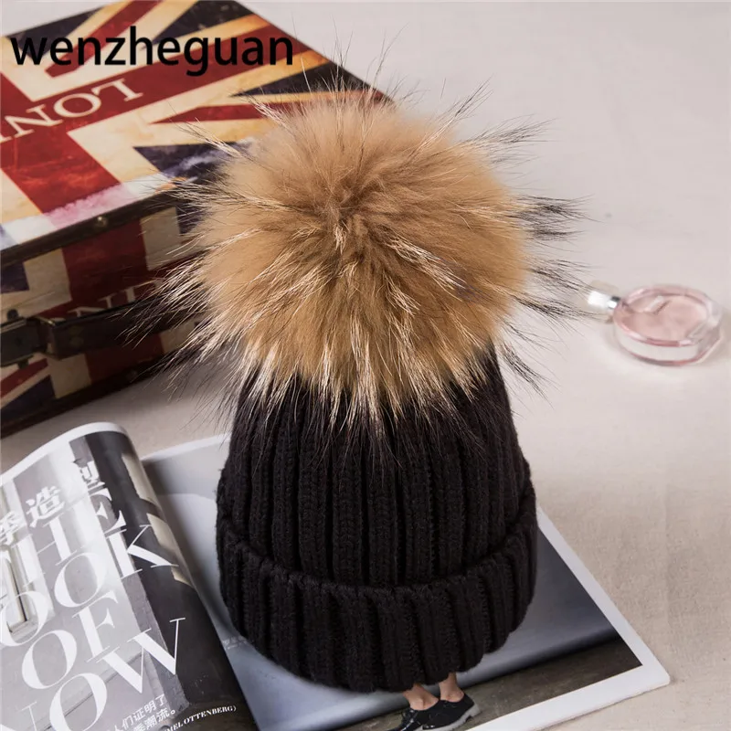 

Baby Boy Winter Raccoon Fur Hat Kids Knitted Wool With15cm Pom Poms Cap Natural Fur Winter Thick Warm Cap For Children