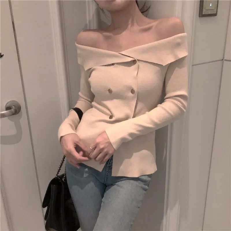 Korean Style Off Shoulder Top Fashion Long Sleeve Sweaters 2018 Women Clothes Double Breasted Elegant Strapless Knitted Cardigan |