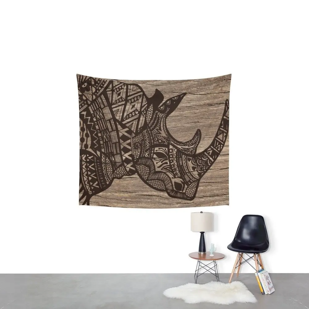 МАНДАЛА ГОБЕЛЕН дерево носорог черный напечатанный настенный гобелен украшение