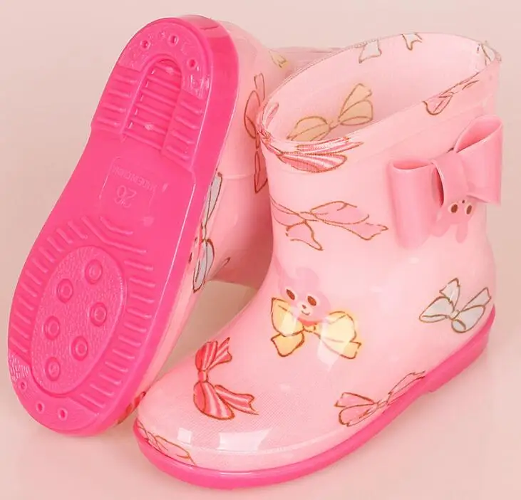 Pink bowknot 1 Новая модная классическая детская обувь из ПВХ резины детская обувь с героями мультфильмов детская водонепроницаемая обувь непромокаемые сапоги - Цвет: Pink bowknot 1