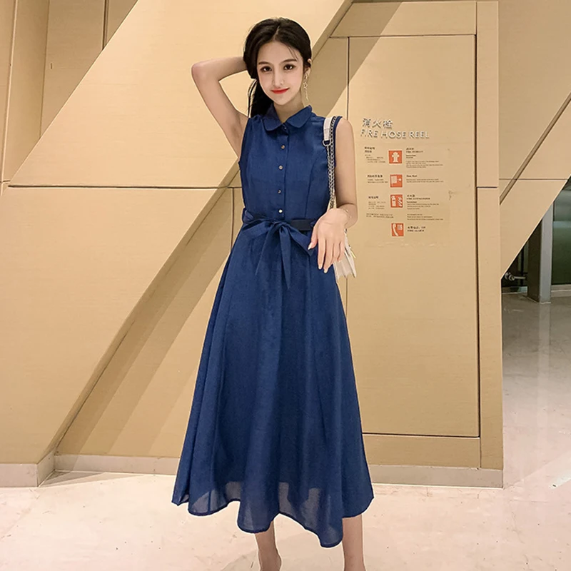 Женское платье-рубашка из хлопка и льна повседневное однотонное длинное платье