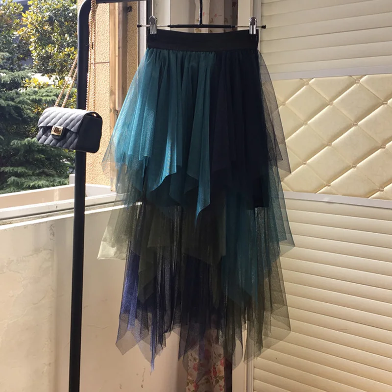 Multi-Layered Colored Mesh Patchwork High Low Long Skirts Summer High Waist Irregular Puffy Tulle Calf Long Pleated Skirt