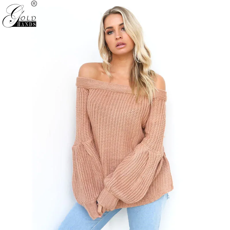 Gold Hands Autumn Winter Female Street Wear Slash Neck Knitted Solid Sweater Lantern Sleeves Pullover Free Shipping | Женская одежда