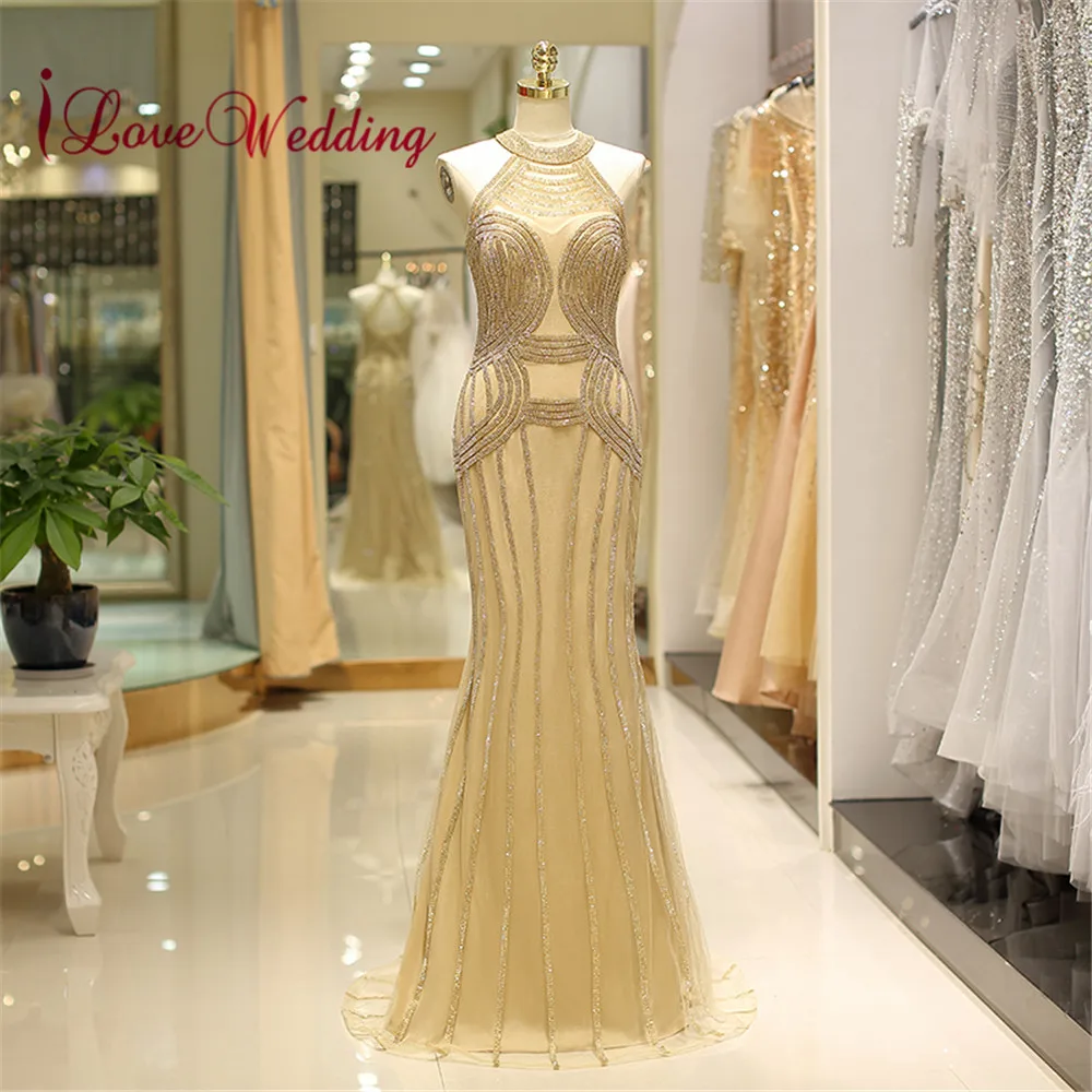

iLoveWedding Hatler Gold Sequined Evening Gown Abendkleider Sexy Back Mermaid Long Evening Dresses Real Photo