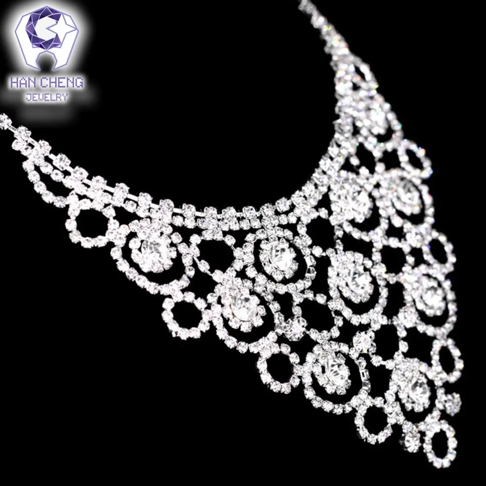 HanCheng Fashion Luxury Wedding Silver Plated Bride Rhinestone Hollow Flowers Necklace/Earrings For Women Jewelry Set Parures | Украшения и