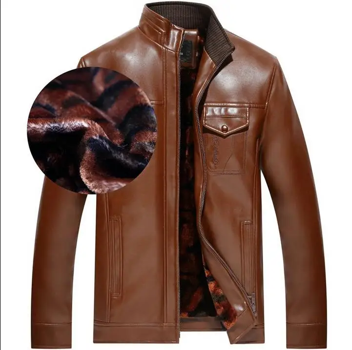 Autumn and winter leather jackets mens stand collar leather jacket men jaqueta de couro masculino velvet thickening brown