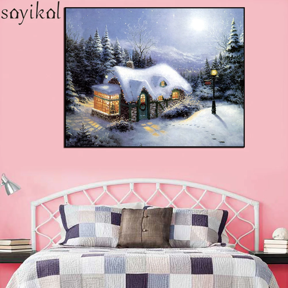 DIY картина маслом в рамке по номерам пейзаж зима снежная сцена картины холст для