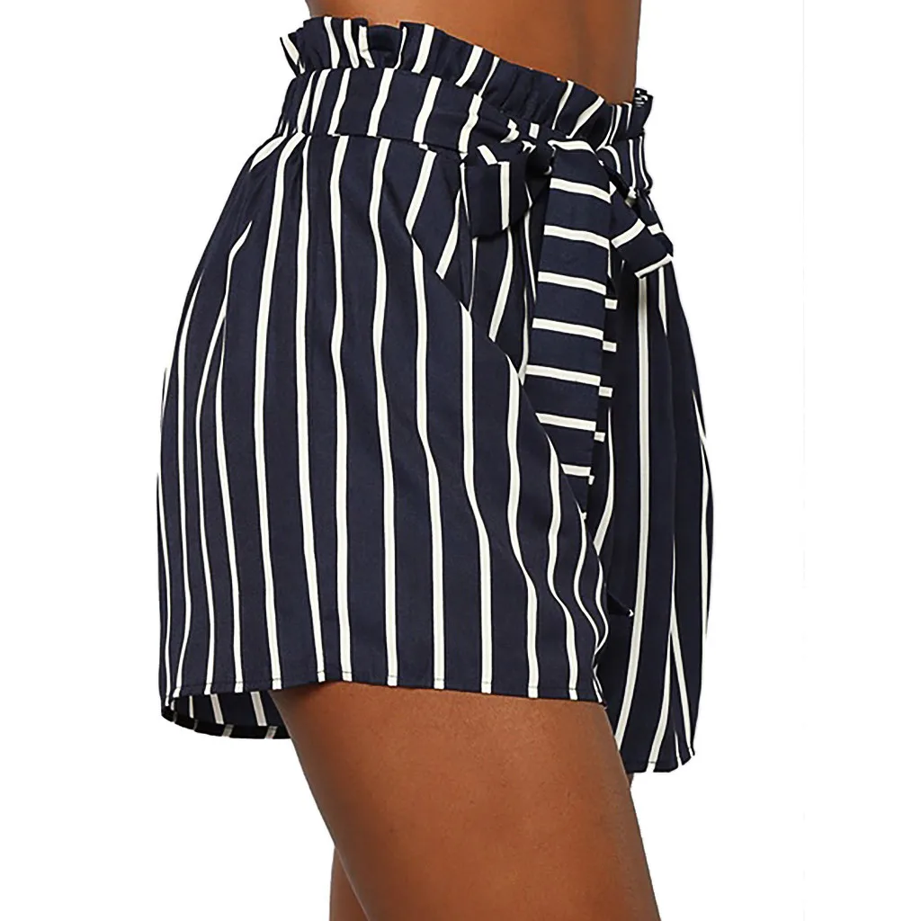 S-3XL Stripe Shorts Women Pocket High Waist Short Pants Plus Size Summer Fashion Leisure Ladies Drawstring Loose Beachwear | Женская