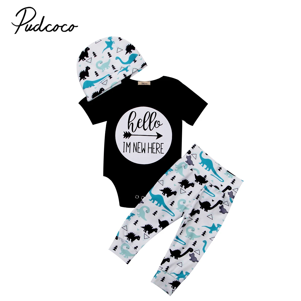 Casual Letter Short Sleeve Bodysuit and Dinosaur Pattern Pants with Hat For Baby Boy |