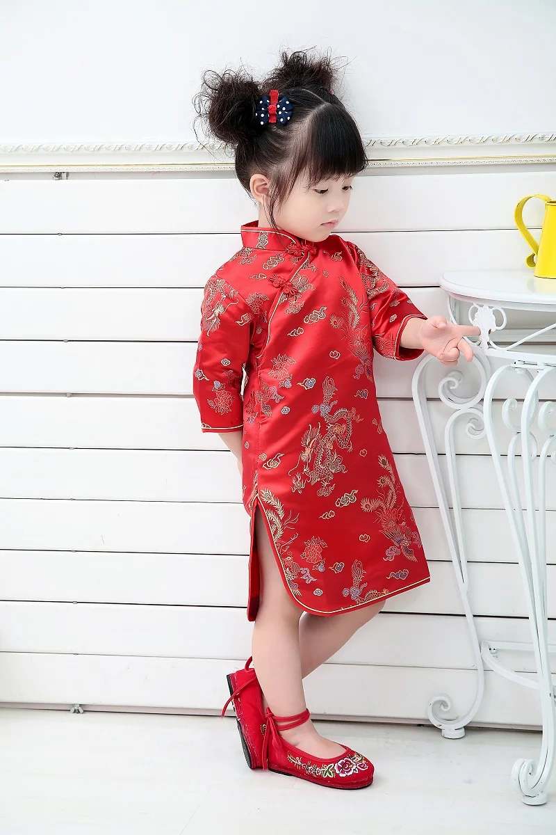 2021 Qipao Three Quarter Baby Girl Summer Dress Kid Clothes Floral Cheongsams Gift New Year Traditional Chinese Clothing | Детская