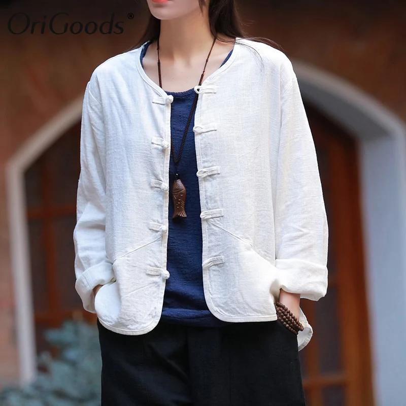 Женская льняная блузка в китайском стиле с круглым вырезом и длинным рукавом |