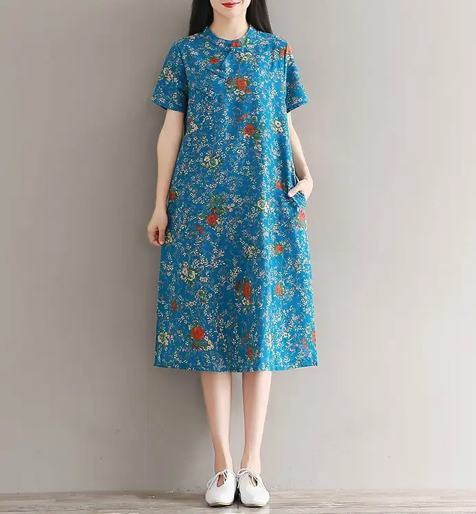 Летнее платье халат Цветочный принт Ретро пляжное Для женщин короткий рукав с