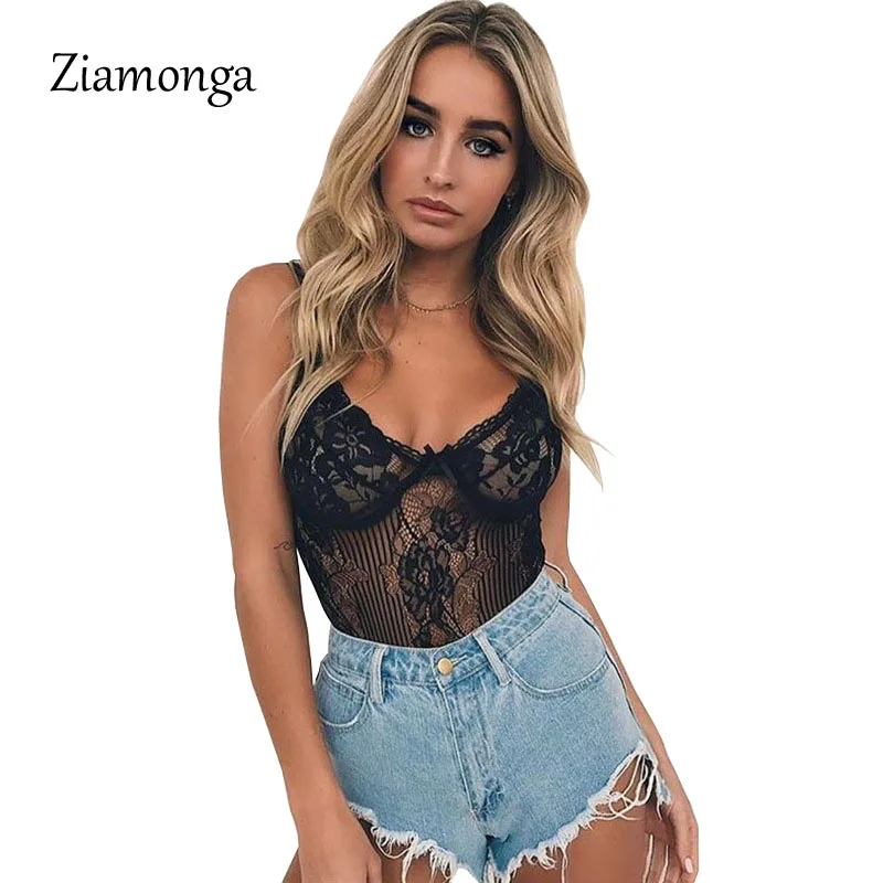 Black Ziamonga боди для фитнеса, белый кружевной боди, сексуальный комбинезон, женский комбинезон, без рукавов, прозрачный боди, открытые комбинезоны - Цвет: Black
