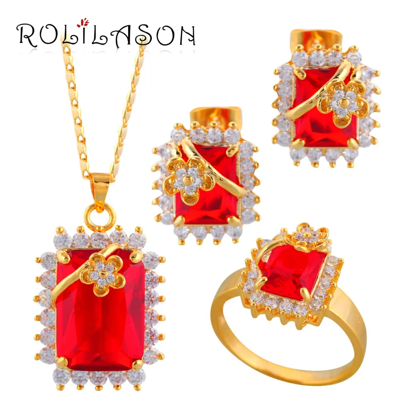 Rolilason низкая цена золотой тон rose Кристалл Здоровье Никель и свинец серьги Цепочки и ожерелья размер кольца#7#9 комплект ювелирных изделий JS226