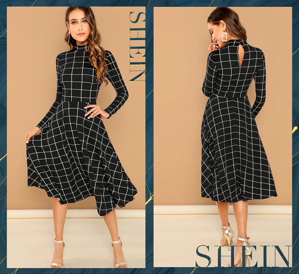 SHEIN Платье Клёш В Клетку С Длинным Рукавом Клетчатое Платье С Расклешенной Юбкой