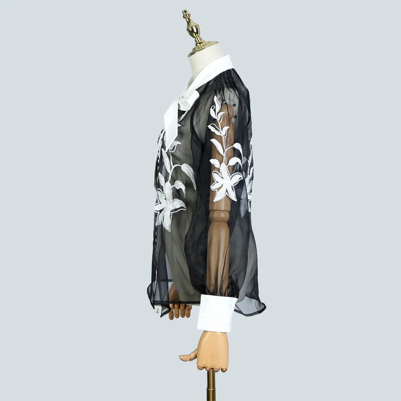 Женские сексуальные блузки прозрачные кружевные с цветочной вышивкой рубашки и