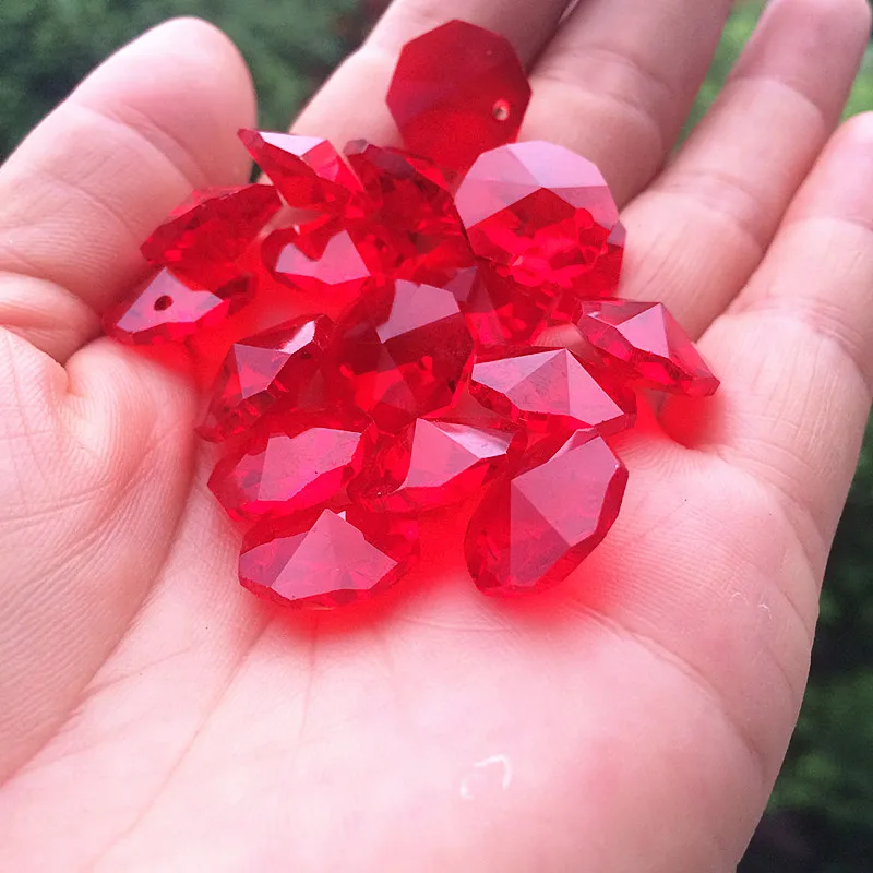 

Free Shipping 100pcs/lot Red 14mm Crystal Glass Octagon Beads With 1 hole For Chandelier Prism Suncatchers Curtain Beads