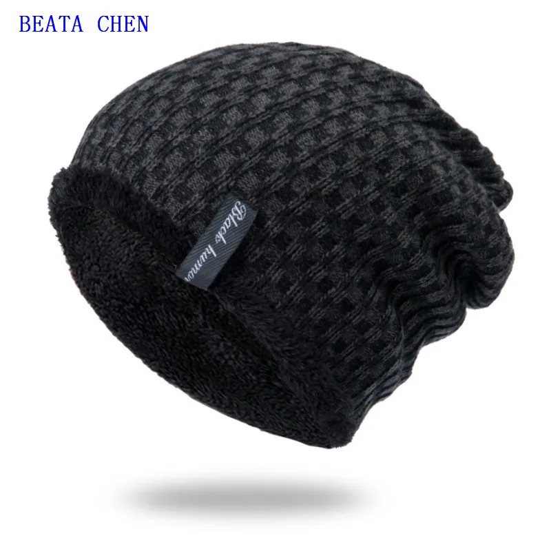 Beata Chen Men's hats winter youth warm and thickened knitted woollen hat fleece cotton head | Аксессуары для одежды