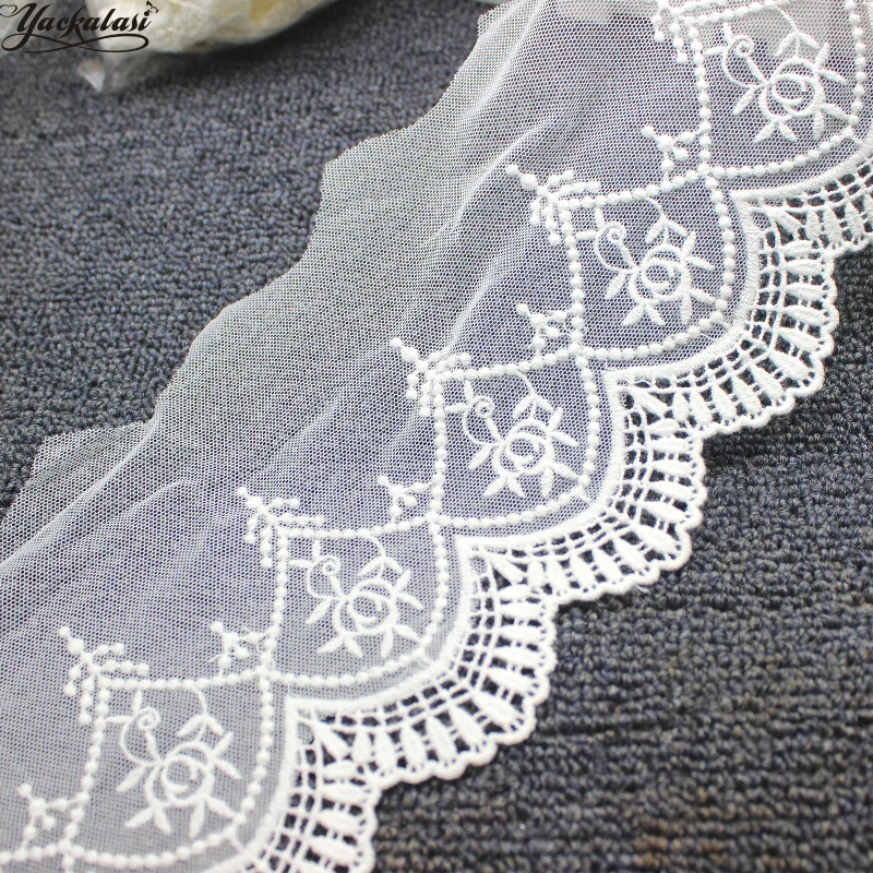 

YACKALASI Cotton Lace Eyelet Embroidered Appliqued 3D Flower White Black Soft Tulle Fabrics Scalloped Sewing Apparel Trims 12CM
