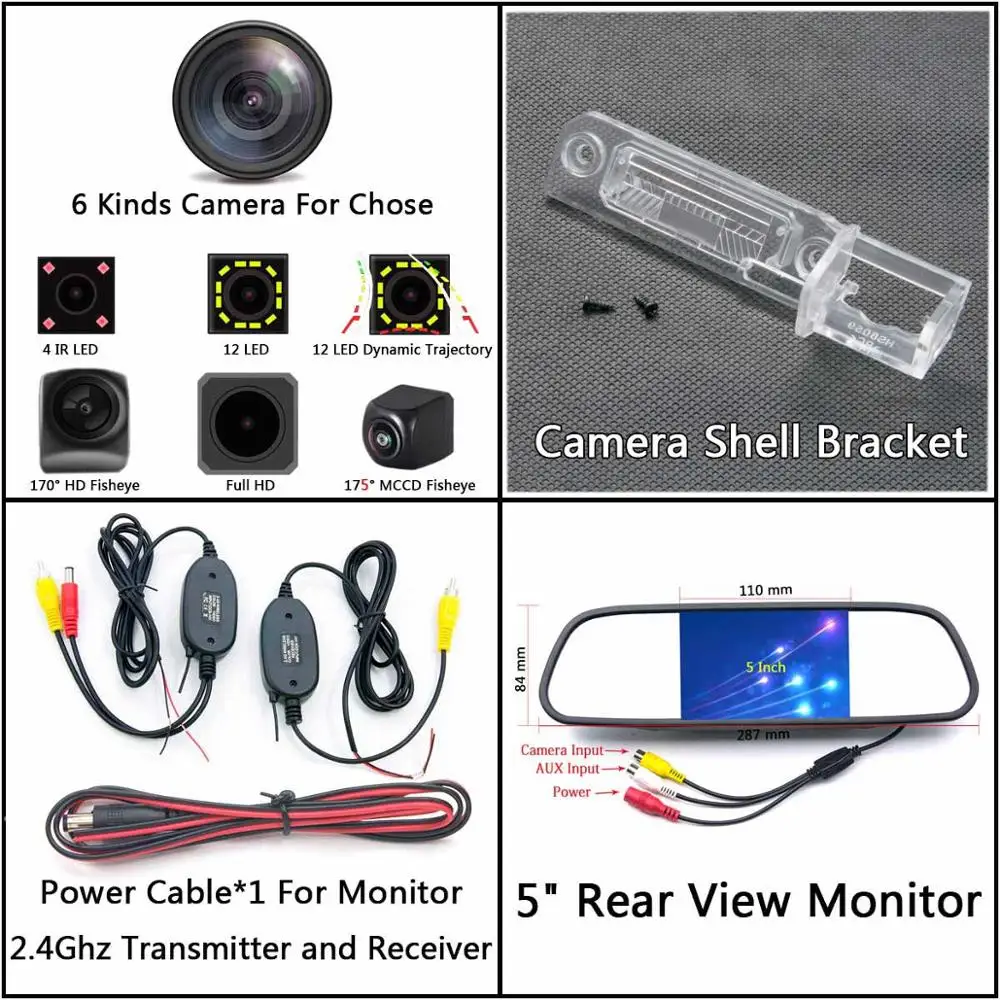 Cam Wirelss 5 Mirror 175 градусов MCCD рыбий глаз 12LED HD камера заднего вида для Volkswagen VW Passat B6 CC Touran Caddy Golf Plus Touareg 2009 2010 автомобиля - Название цвета: Cam Wirelss 5 Mirror