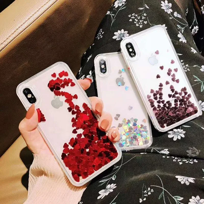 Bling Sequins Red Love Heart Phone Cases For iPhone XS MAX XR X Transparent Hard PC Back Cover Case 6 6s 7 8 Plus |