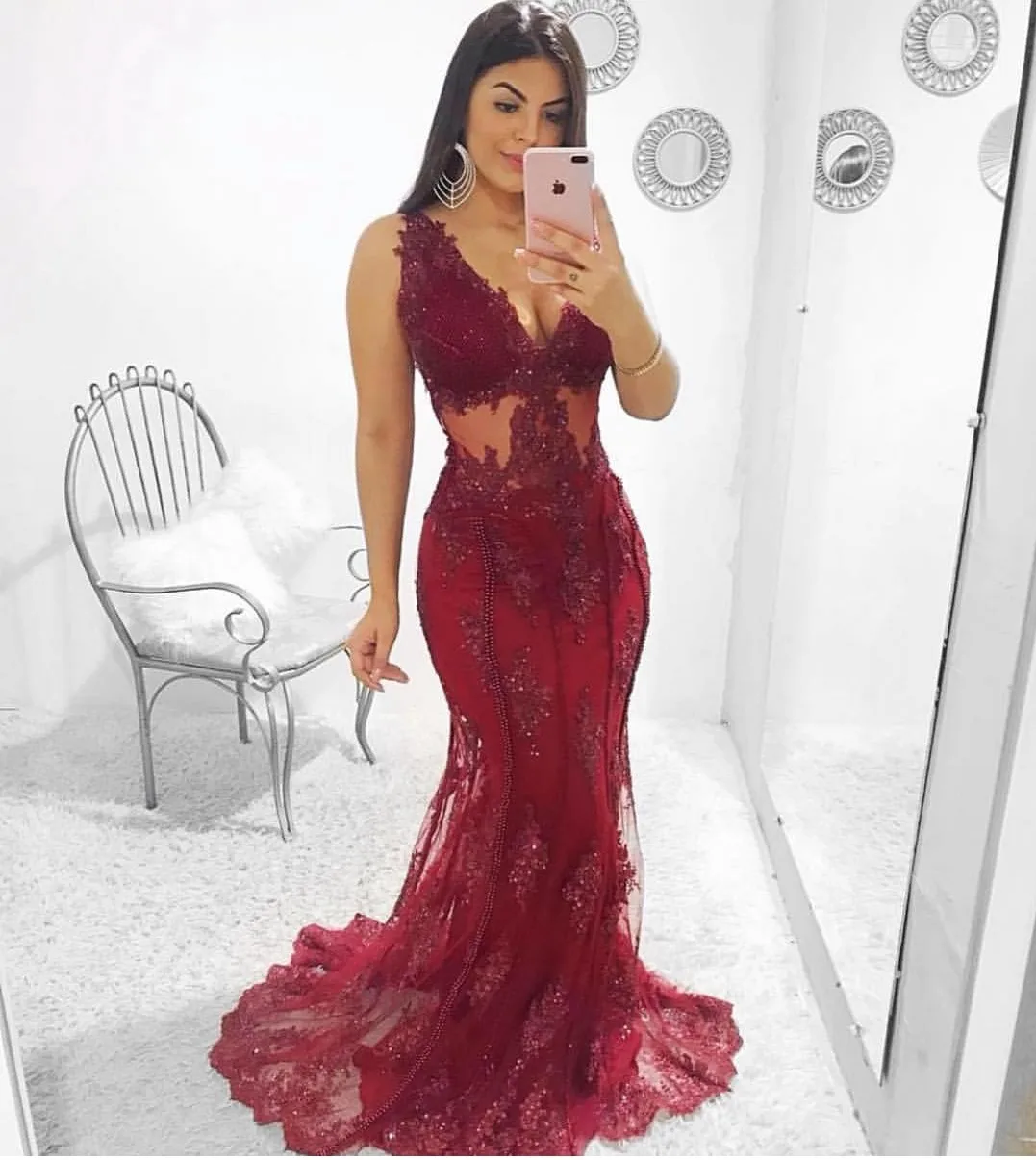 Красный Русалка вечернее платье 2019 с v-образным вырезом длинными рукавами и