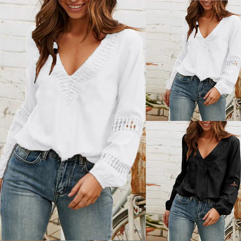 Wenyujh Women's Deep V Neck Long Sleeve Solid Shirts Female Spring Autumn Loose Top Sexy Hollow Out Lantern Sleeve Blouse