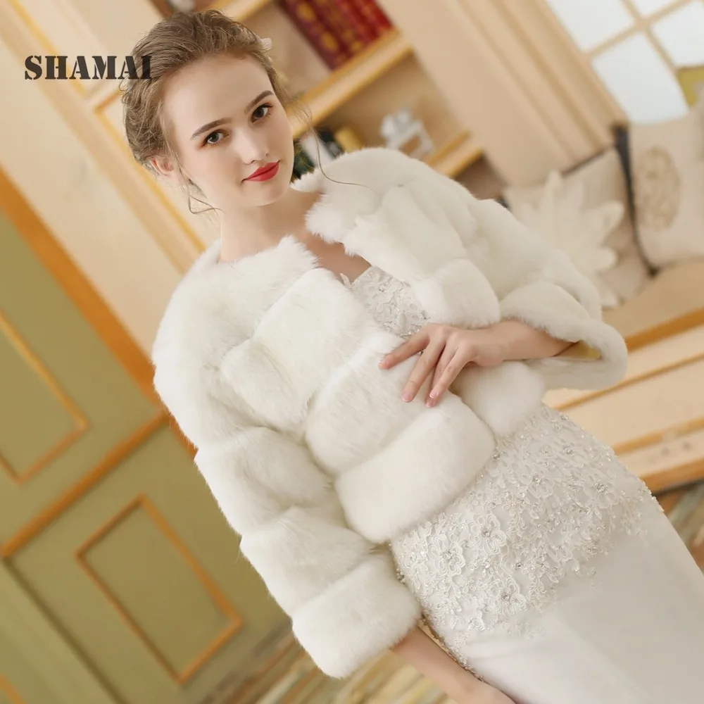 SHAMAI женские зимние 3/4 свадебные куртки с длинным рукавом Теплые Меховые болеро Свадебная меховая накидка на плечи искусственный мех Свадебная куртка