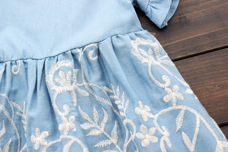 girls cowboy dress AR Фанни модная одежда для девочек летние полые ковбойские платья дети полые натуральный хлопок вышитые раддл рукавом Детская джинсовое платье Children's denim dress
