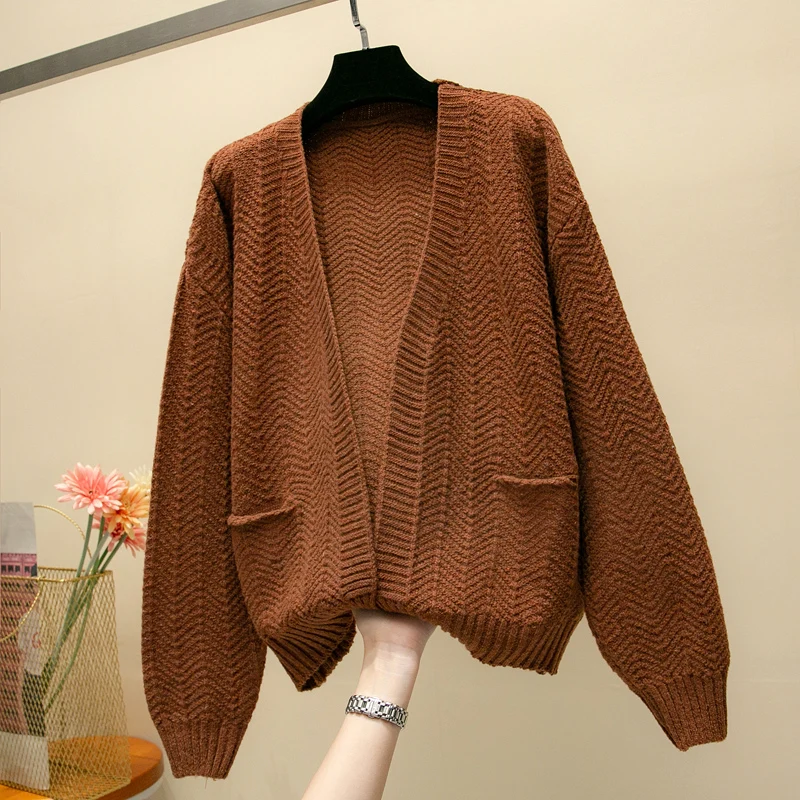 2019 For Girl Casual Knitted Sweater Autumn Korean Women Slim Solid Color Pocket Design Cardigan Khaki White Blue Brown |