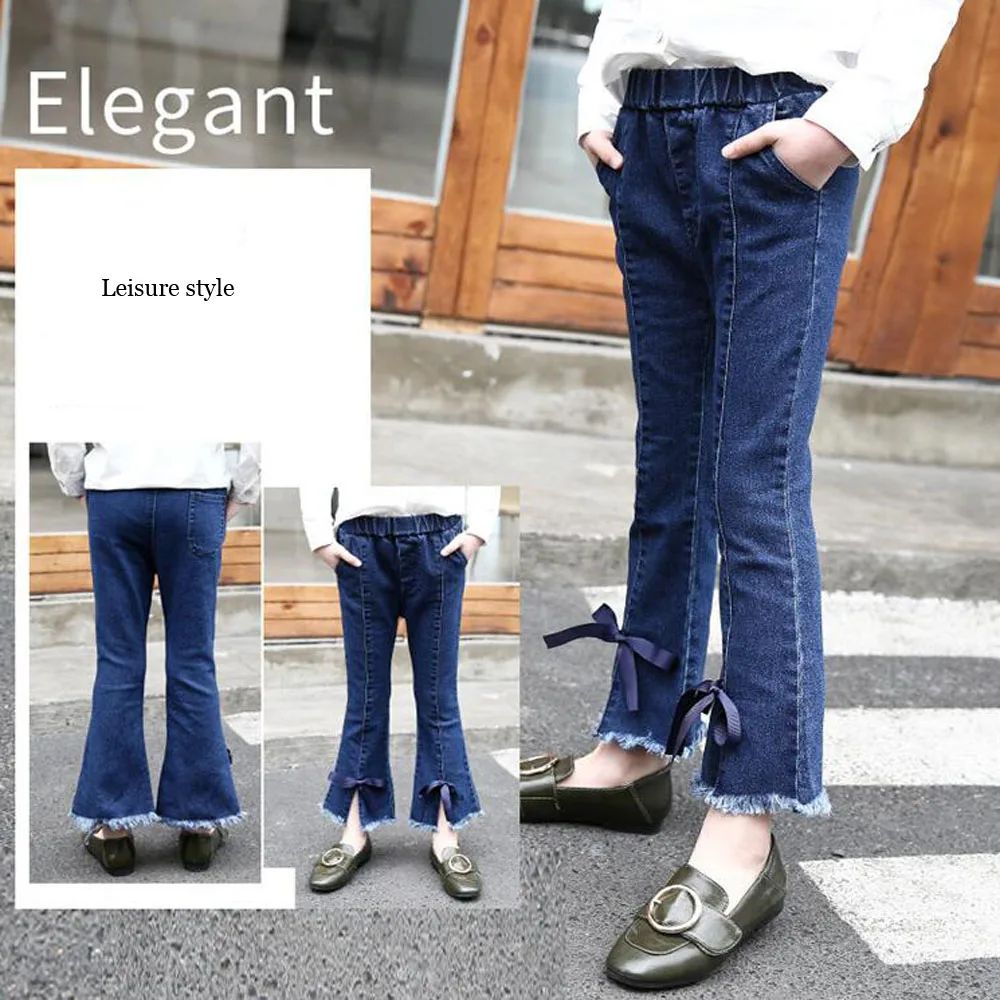 Girl Children Jeans Slim Wide Leg Pants Burr Flared Denim Trousers Fashion Ripped With Bow Ribbon | Детская одежда и обувь