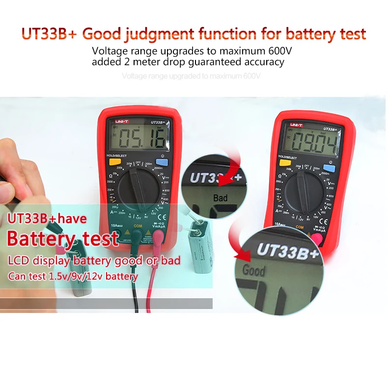 UNI-T UT33B+ цифровой мультиметр ручной диапазон AC DC 200 мВ~ 600 в Измеритель Напряжения DC 10 А Измеритель сопротивления тока