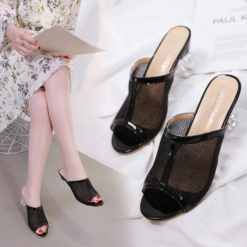 Женские туфли на высоком каблуке толстые с кристаллами весна-лето 2019 | Обувь