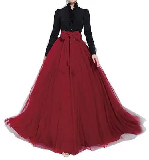 Wine Red Женское бальное платье, Формальное, ТРАПЕЦИЕВИДНОЕ, пышное, с большим бантом, полная длина, вечерние, для подружки невесты, для свадьбы, юбка-пачка из тюля, юбка с высокой талией - Цвет: Wine Red