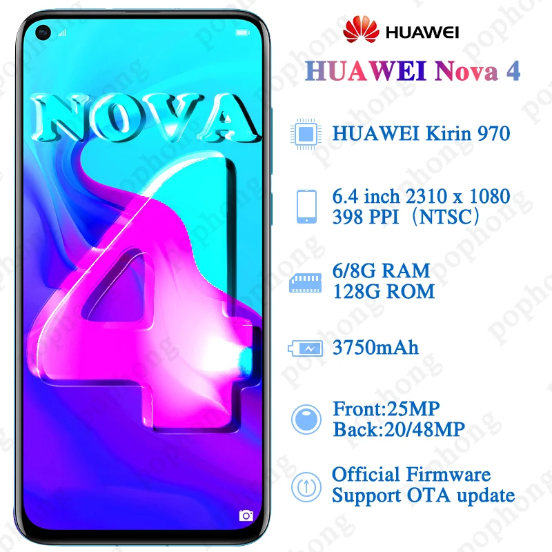 HUAWEI NOVA 4 LTE сотовый телефон 6,4 дюймов 6 ГБ 128 ГБ Kirin 970 Восьмиядерный Android 9,0 отпечатков пальцев 4* камеры