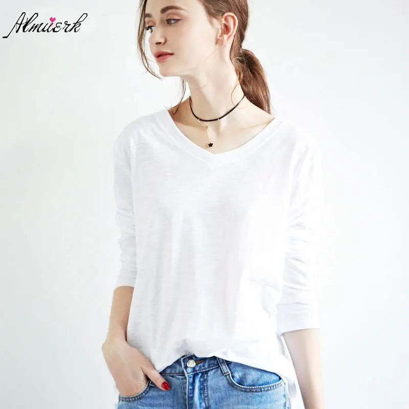 2018 осенне зимняя модная однотонная женская хлопковая Футболка с V образным