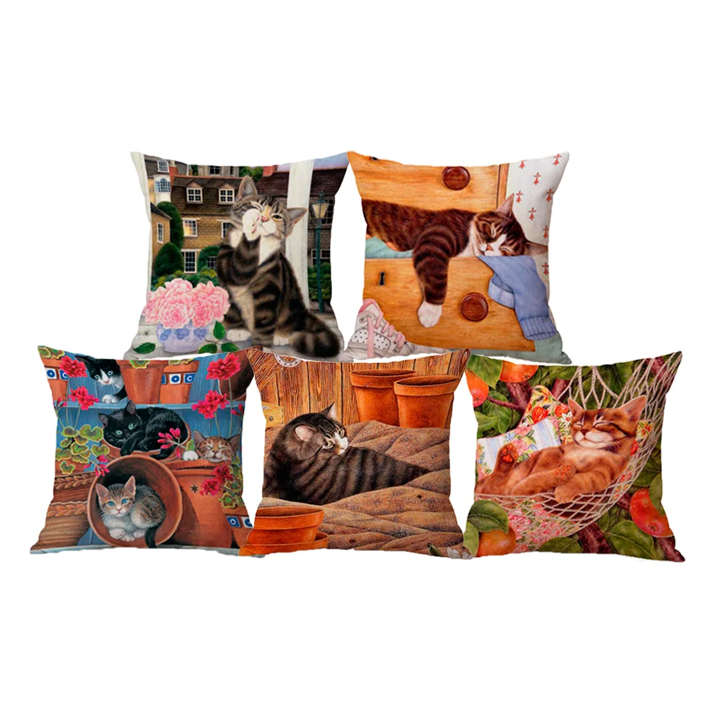 

45*45cm Cute Cats Oil Painting Cushion Cover Animal Digital Printed Cotton Linen Pillows Home Use Wedding Decorative Pillowcase