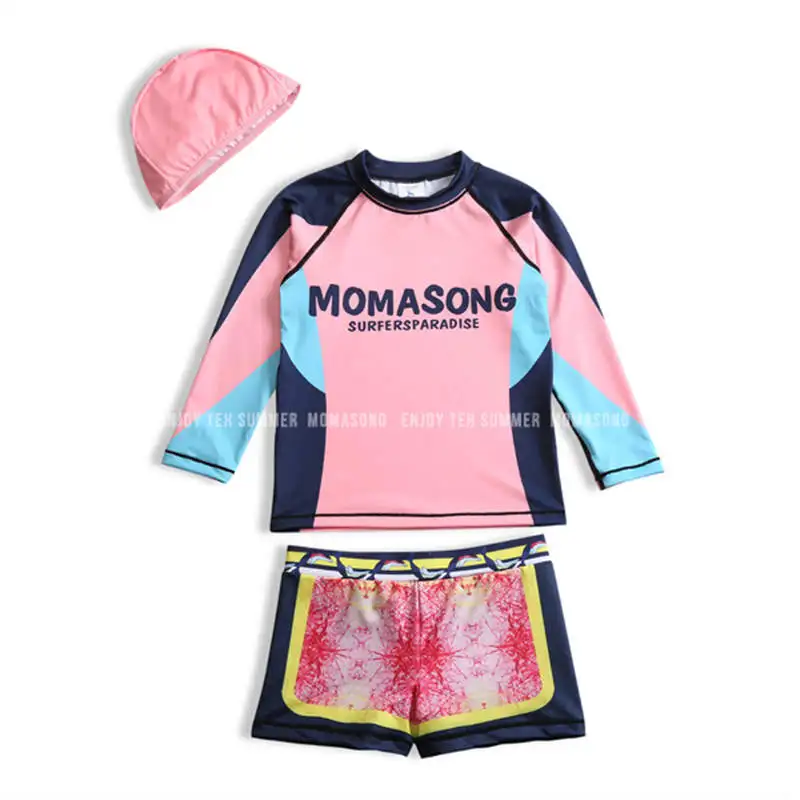 Retail Swimsuit for 3-8yrs Girls Long sleeve Blue Patchwork 2-Pieces Split swimwear with swimming Cap Surfing Costume | Спорт и
