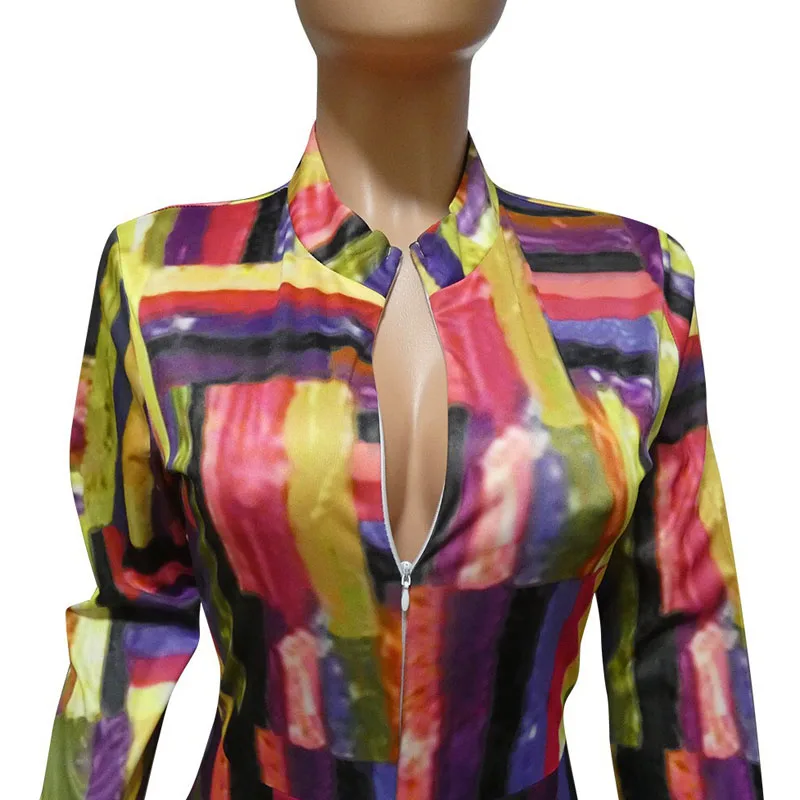 

2019 women print zipper long sleeve bodycon skinny jumpsuit motobike casual playsuit romper Sexy Club Jumpsuit