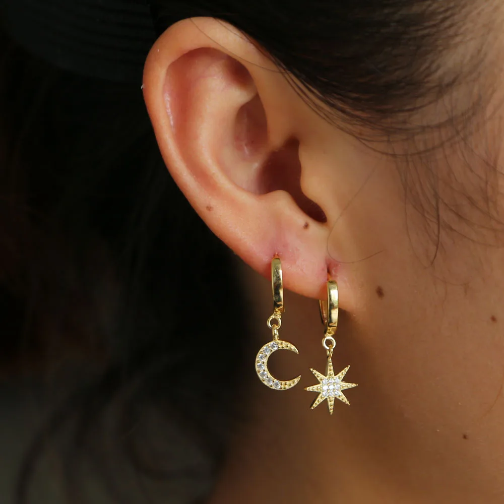 Серебро 925 Асимметричная нежный золотистый цвет moon star cz серьги для женщин элегантные модные bling cz AB ювелирные изделия