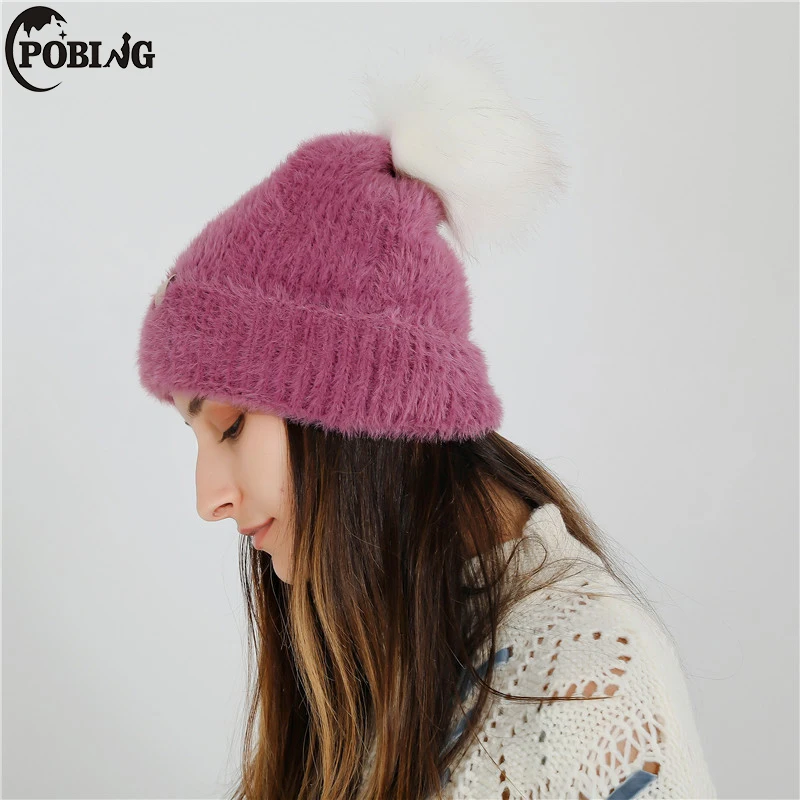 POBING брендовые высококачественные кашемировые женские зимние шапки однотонные