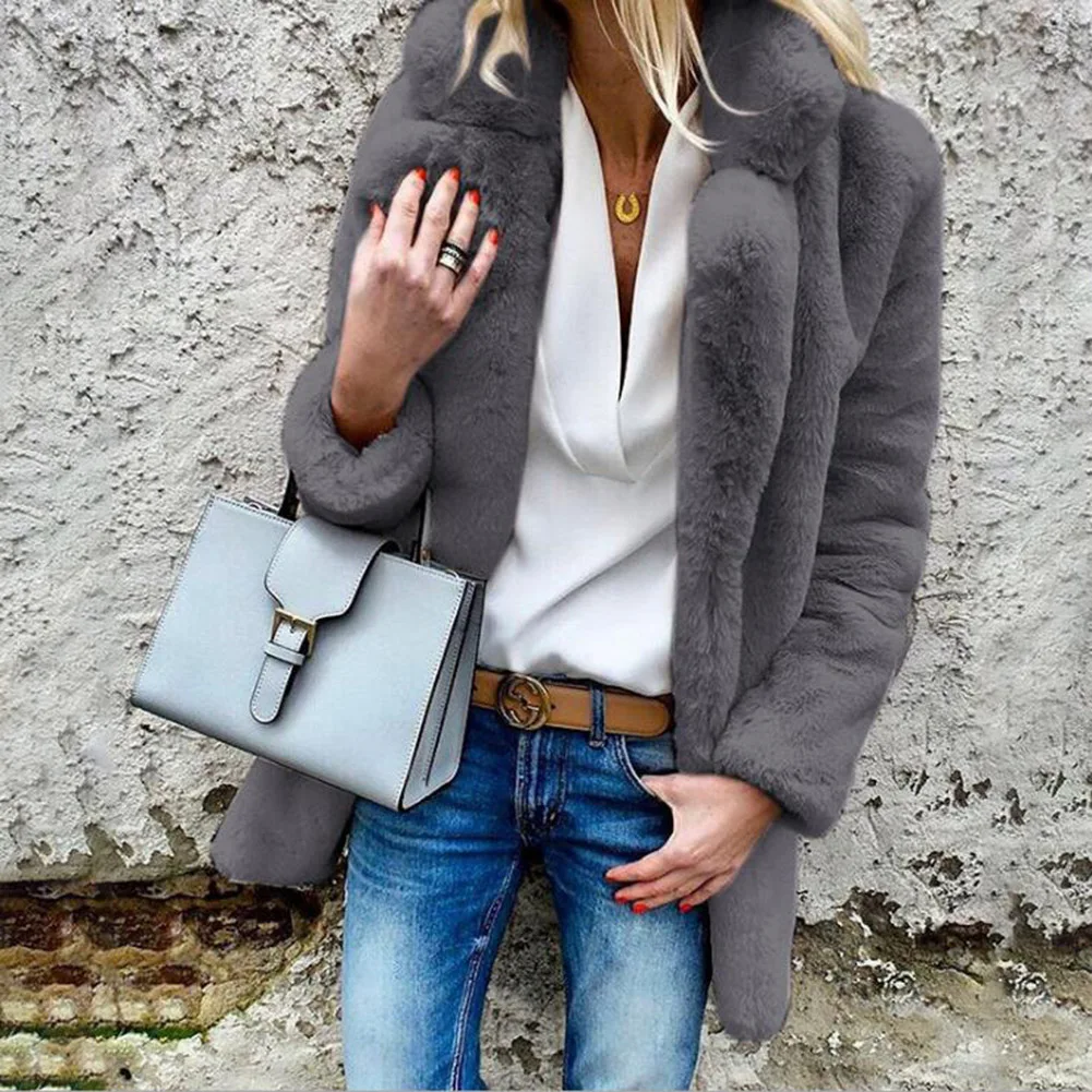 

Womens Faux Fur Winter Warm Cardigan Fluffy Size Plus Fleece Faux Fur Jacket Turn-Down Collar Wrap V-Neck Fashion Slim Gray Fur